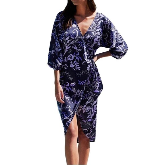 MISA Los‎ Angeles Size XS Sylvia Floral Wrap Midi Dress Indigo Vines MSRP $355 - Picture 1 of 14